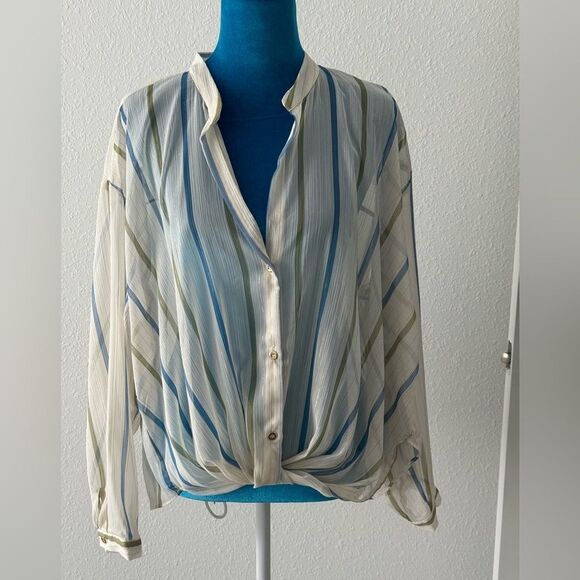 Striped Sheer Blouse - Blue and Cream - Picture 1 of 8
